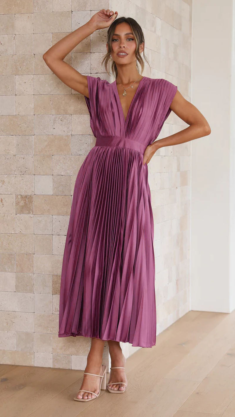 Women's Pleated Deep V-Neck Maxi Dress