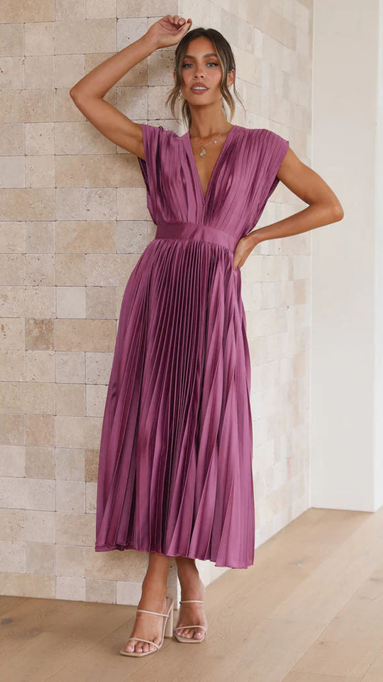 Women's Pleated Deep V-Neck Maxi Dress