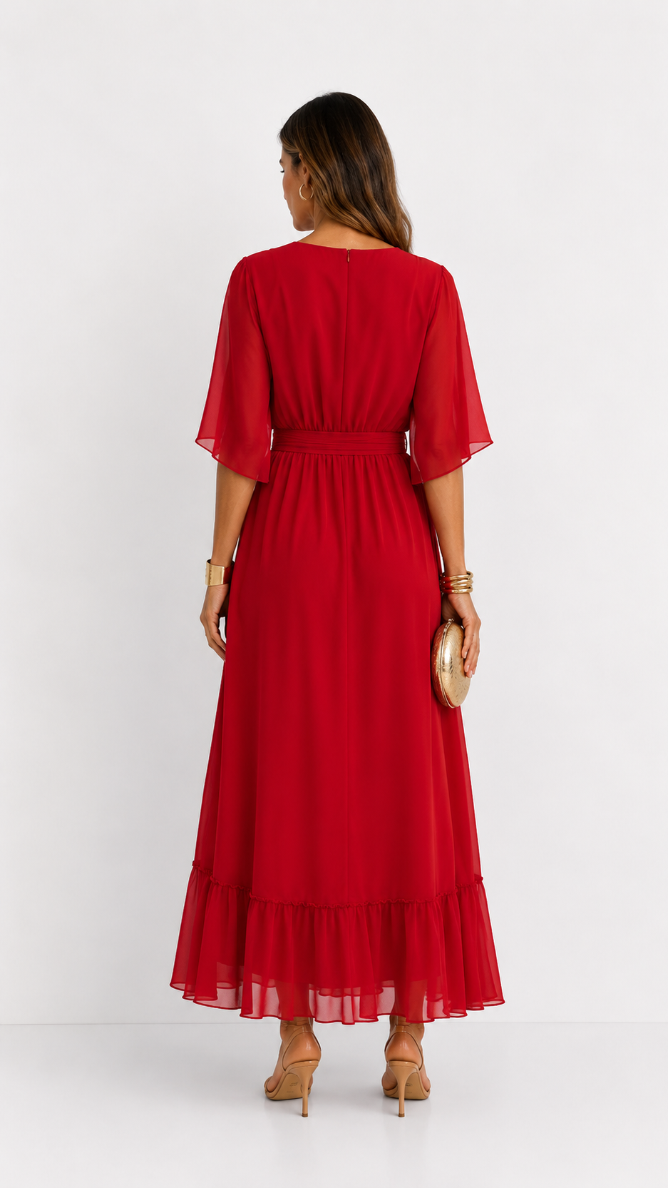 Women's V-Neck Tie Waist High Low Midi Dress