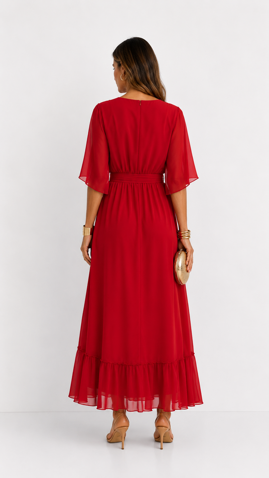 Women's V-Neck Tie Waist High Low Midi Dress