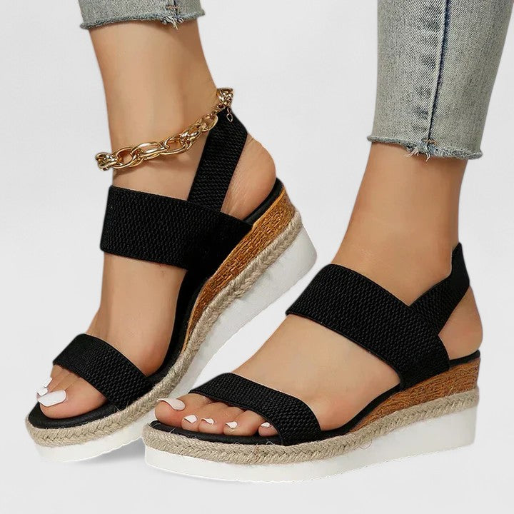 Damen Sandalen mit elastischem Riemen und Keilabsatz auf Plateau