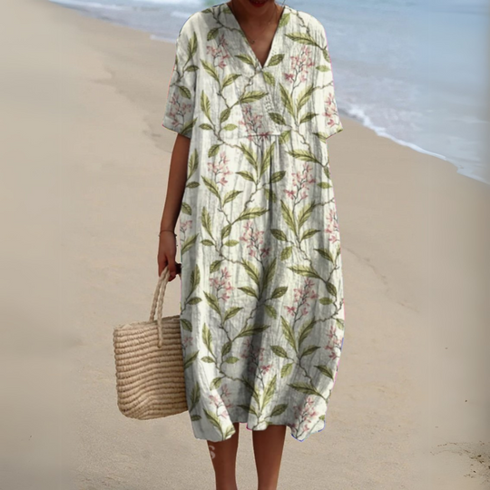 Women's Printed Cotton Linen Cocoon Midi Dress