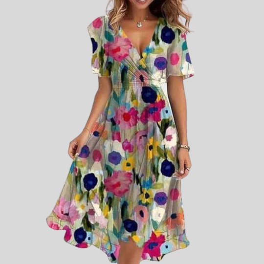 Women's Floral V-Neck Tie Waist Midi Dress