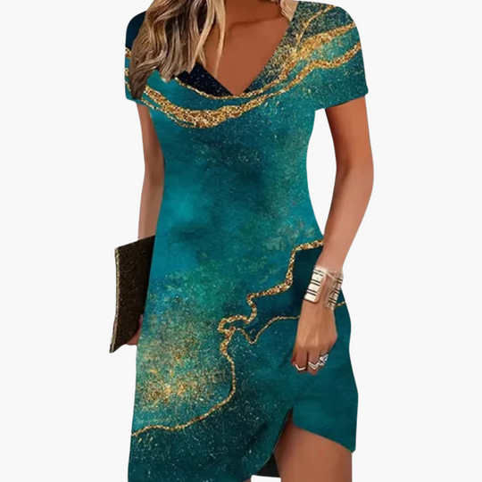 Women's Artistic Printed V-Neck Dress with Relaxed Fit