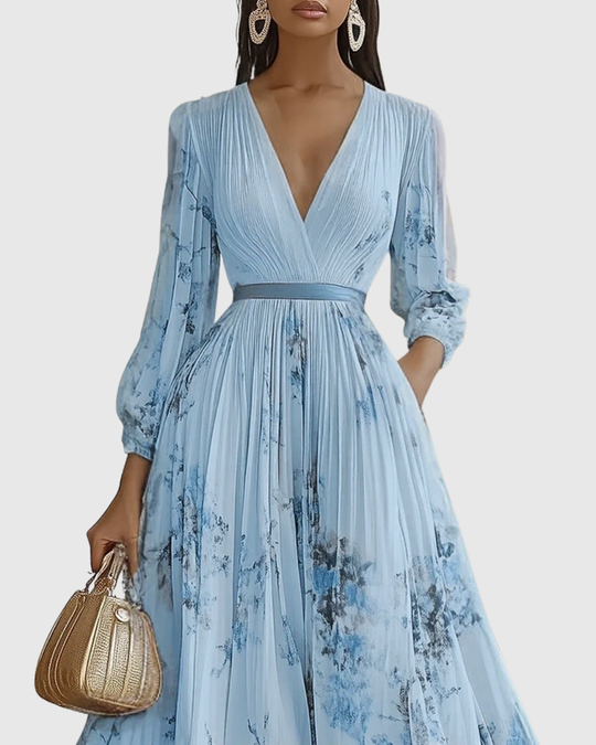 Women's Romantic Floral Pleated Maxi Dress with Deep V-Neck