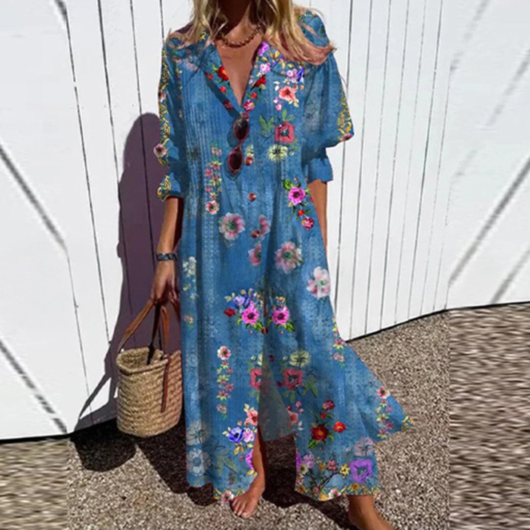 Women's Artistic Printed Button Front Maxi Shirt Dress