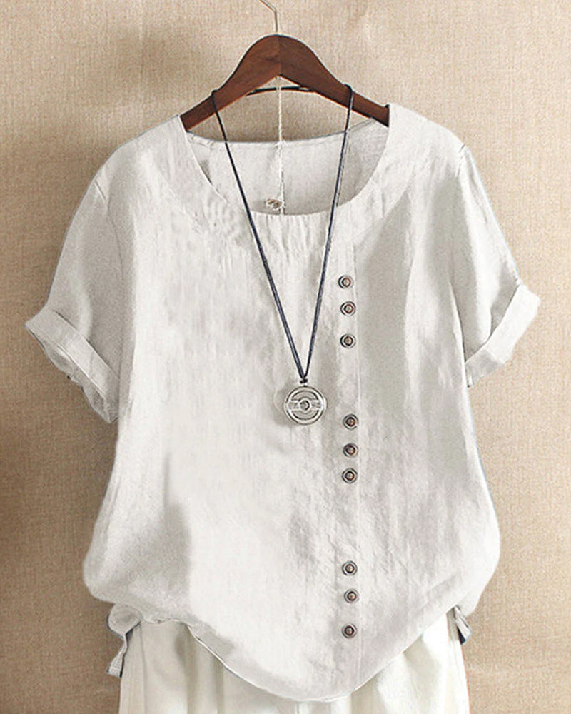 Women's Cotton Linen Button Detail Casual Blouse