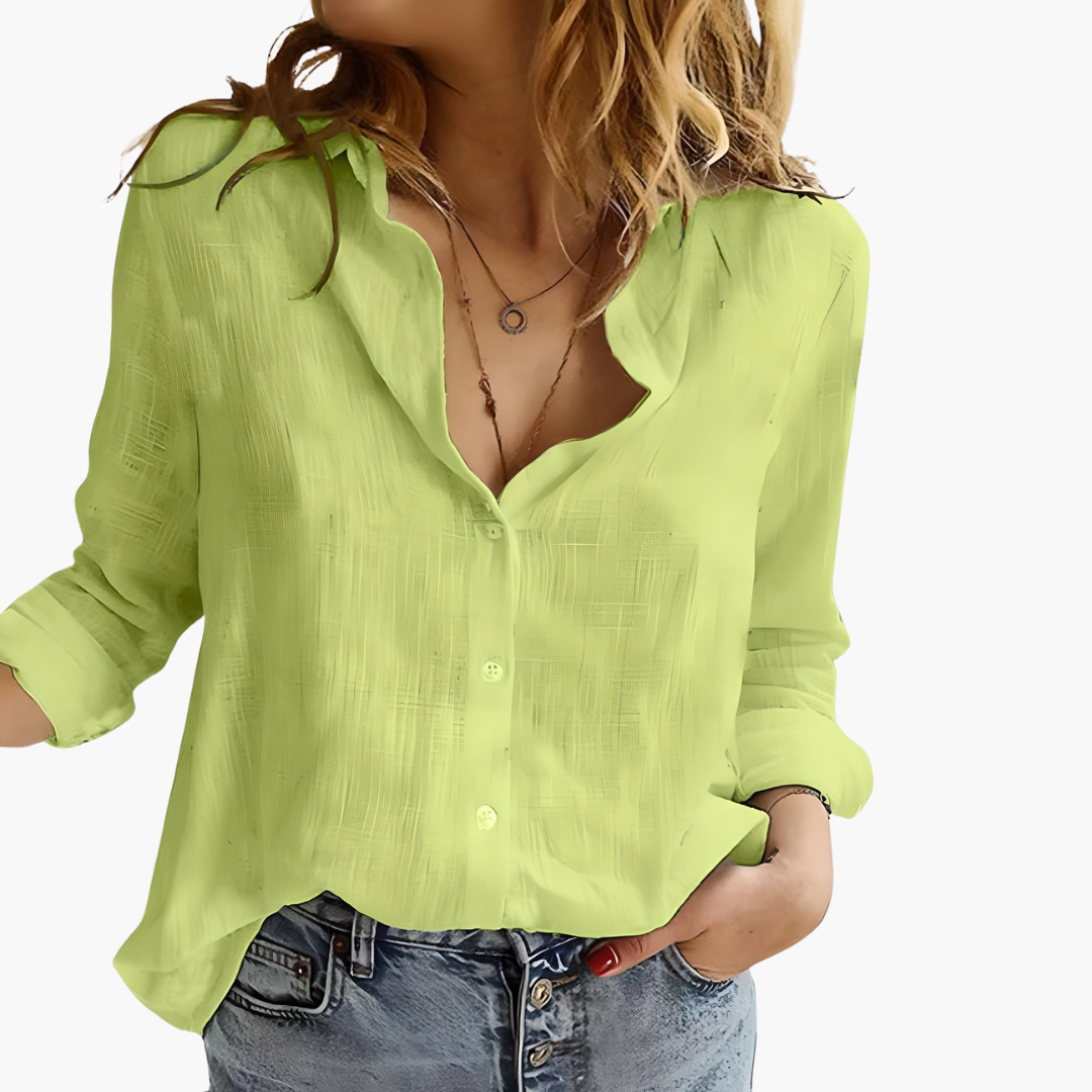 Women's Relaxed Button-Front Collared Blouse with Roll-Up Sleeves