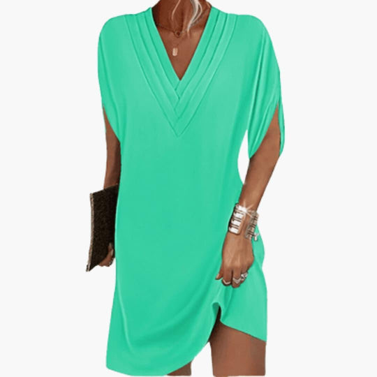Women's Relaxed V-Neck Shift Dress with Draped Sleeves