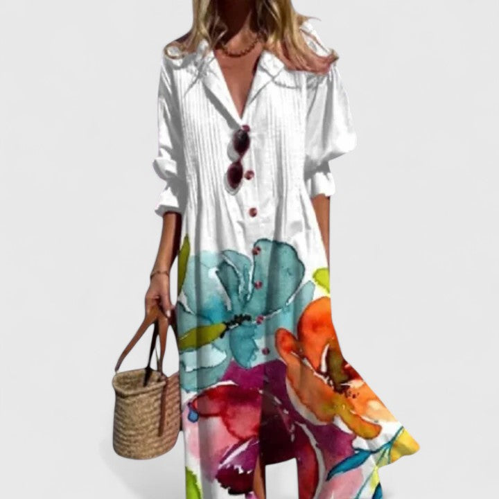 Damen bedrucktes Midi-Hemdkleid mit Knopfleiste