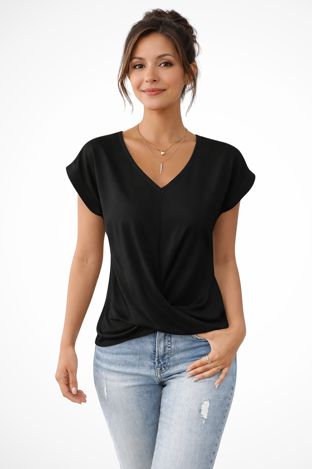 Damenbluse aus Satin mit gedrehtem Saum und V-Ausschnitt