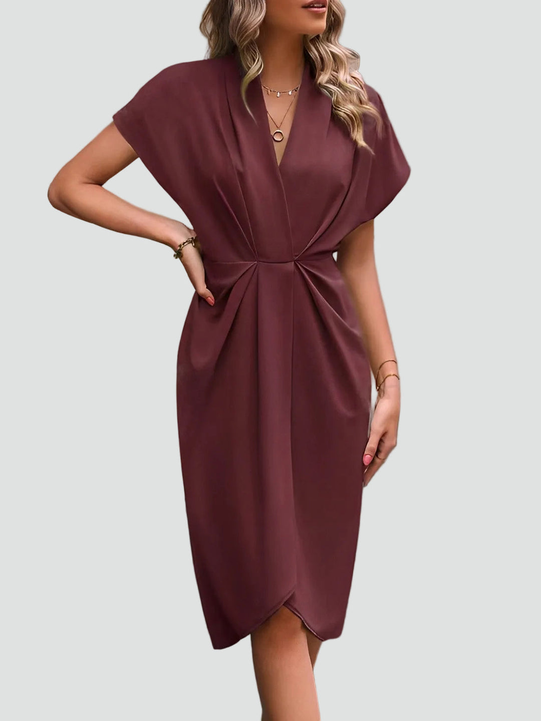 Women's Draped Waist Surplice Midi Dress