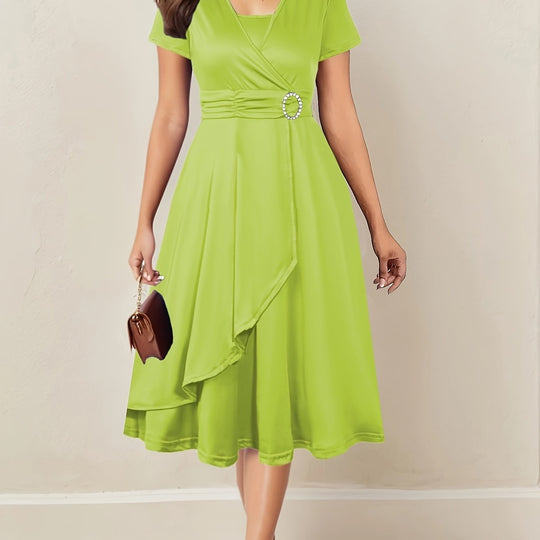 Women's Wrap Midi Dress with Decorative Waist Buckle