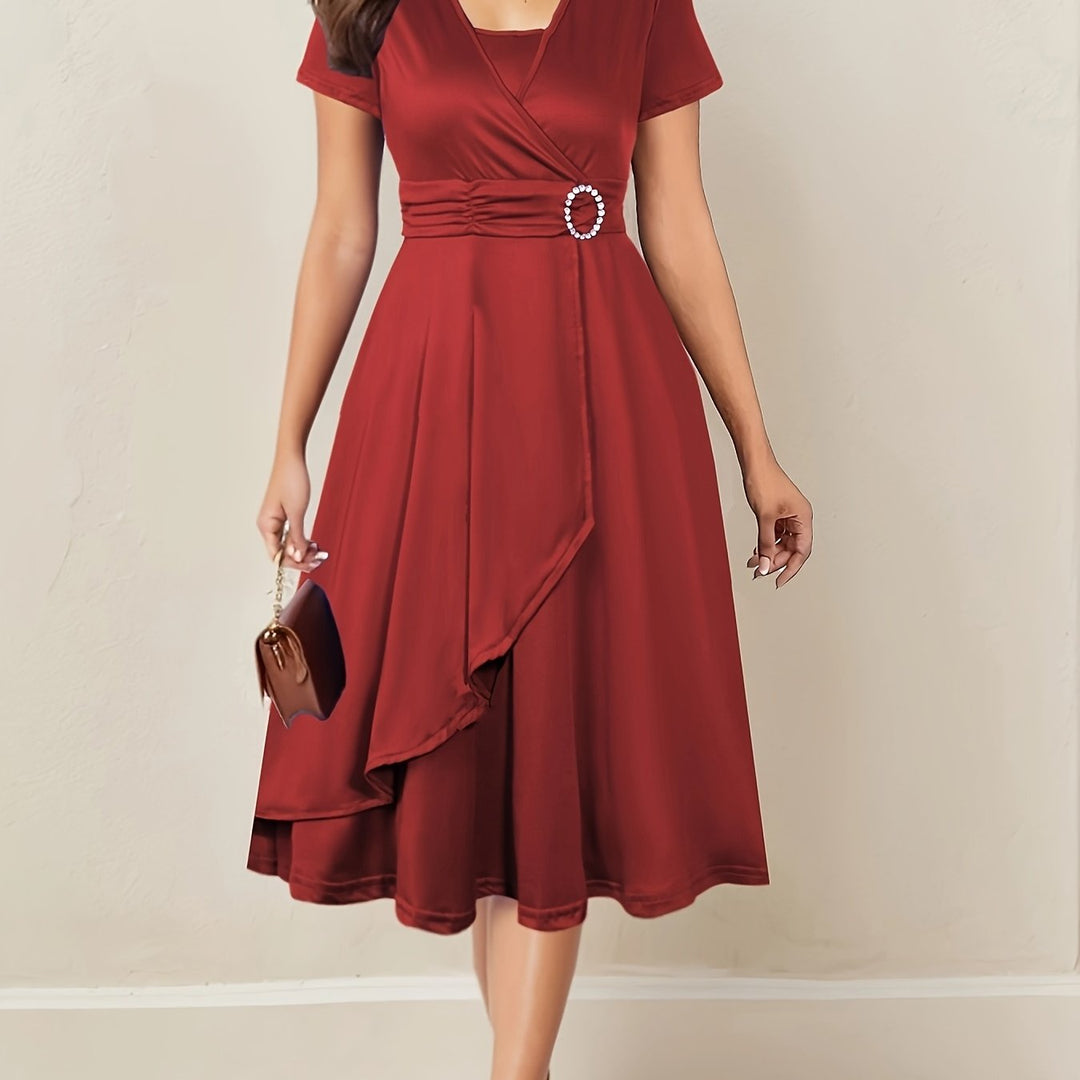 Women's Wrap Midi Dress with Decorative Waist Buckle