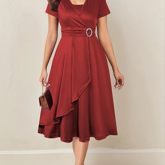 Women's Wrap Midi Dress with Decorative Waist Buckle