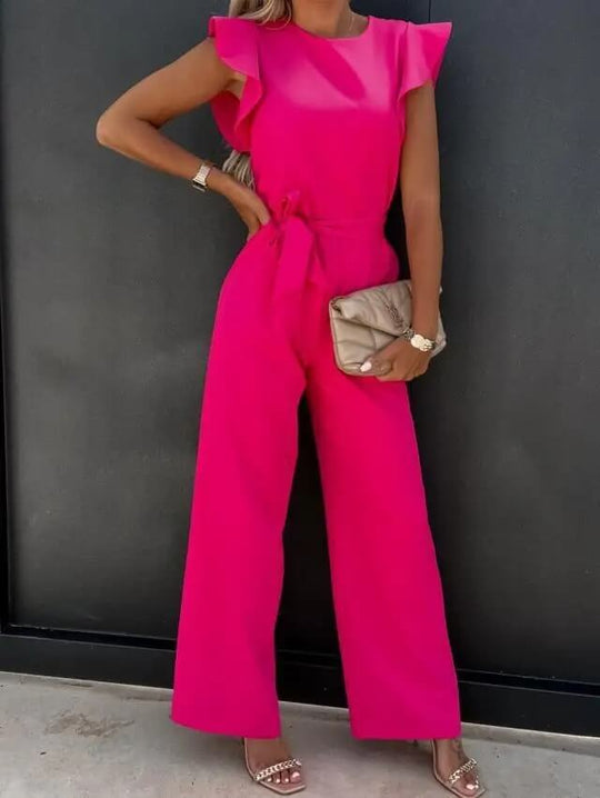 Women's Elegant Ruffle Sleeve Belted Wide-Leg Jumpsuit