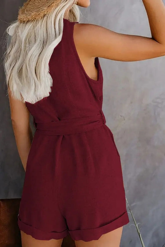 Women's Casual Sleeveless Button Front Belted Romper