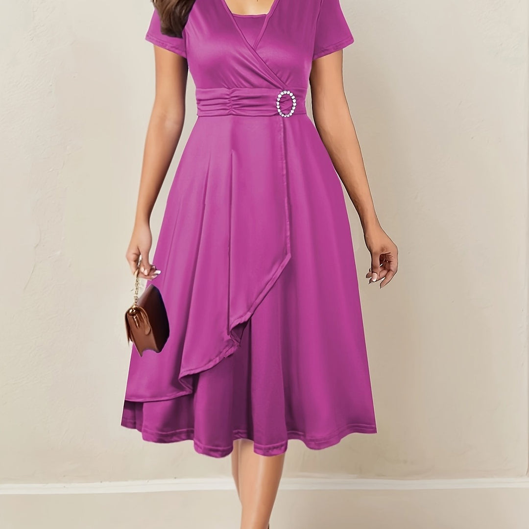 Women's Wrap Midi Dress with Decorative Waist Buckle