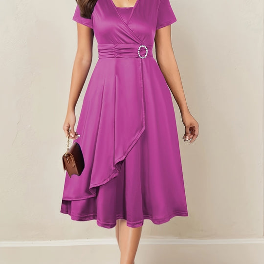 Women's Wrap Midi Dress with Decorative Waist Buckle