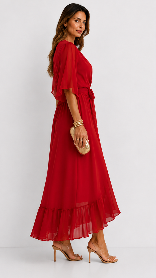 Women's V-Neck Tie Waist High Low Midi Dress