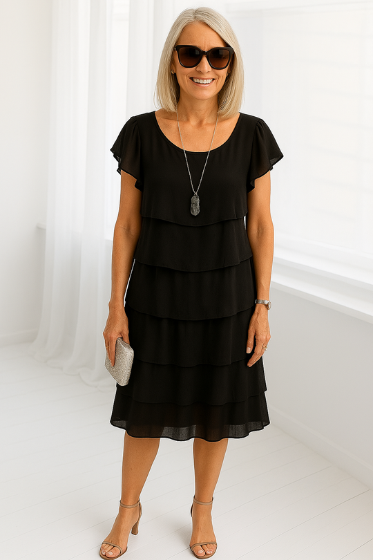 Damen schichtetes Rüschenshirtkleid mit Flatterärmeln für Partys in Midi-Länge