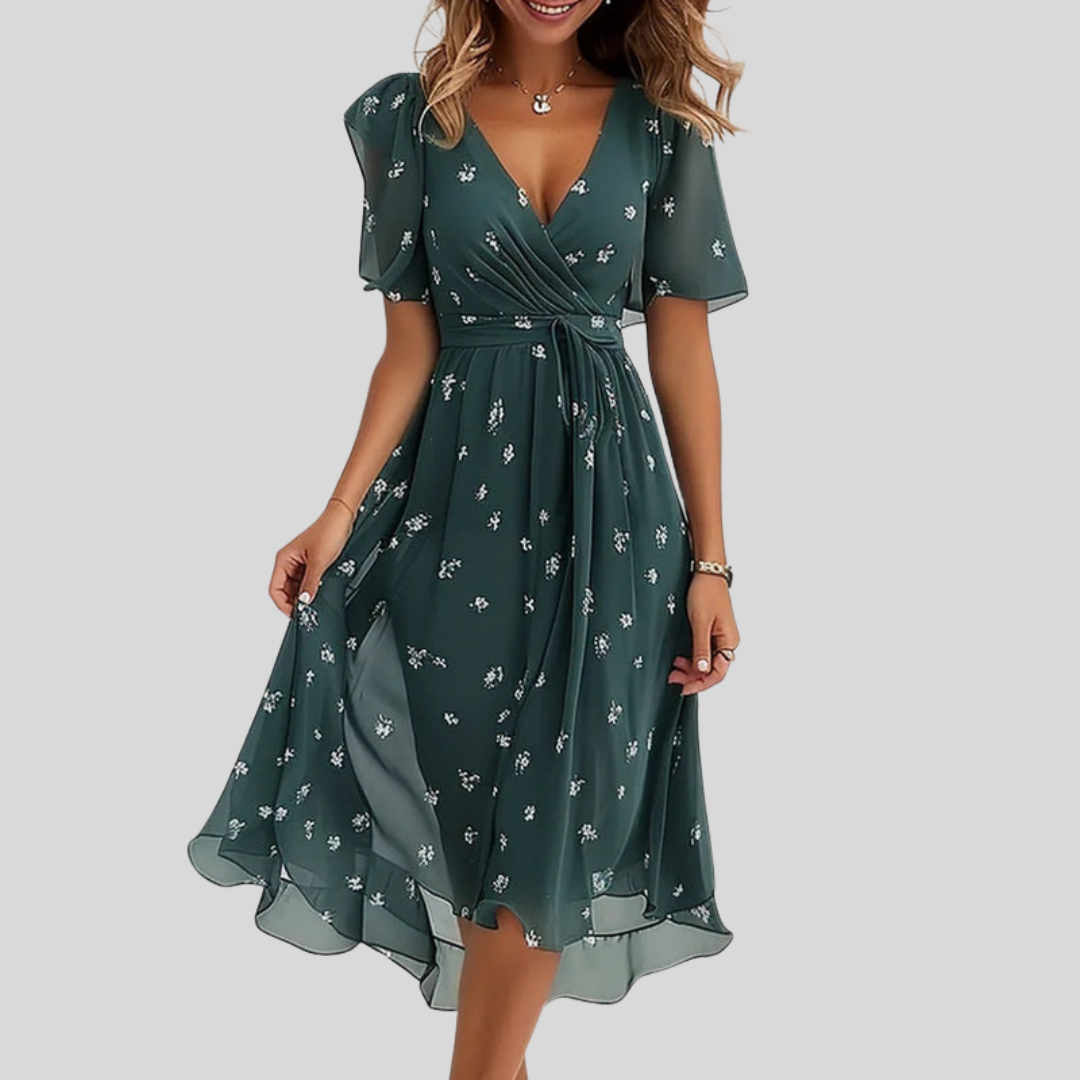 Women's Floral V-Neck Tie Waist Midi Dress