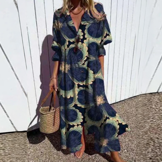 Women's Artistic Printed Button Front Maxi Shirt Dress