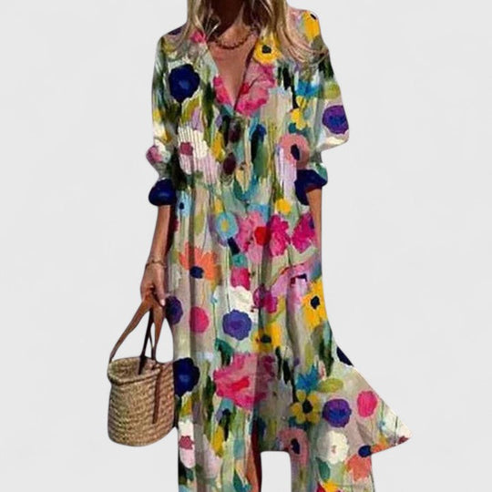 Women's Printed Button Front Flowing Midi Shirt Dress