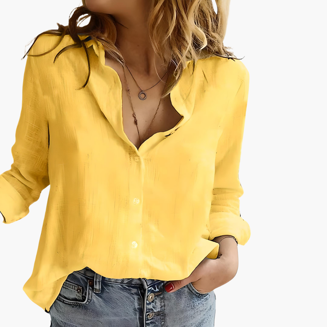 Women's Relaxed Button-Front Collared Blouse with Roll-Up Sleeves