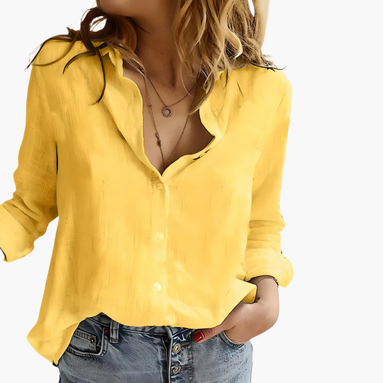 Women's Relaxed Button-Front Collared Blouse with Roll-Up Sleeves