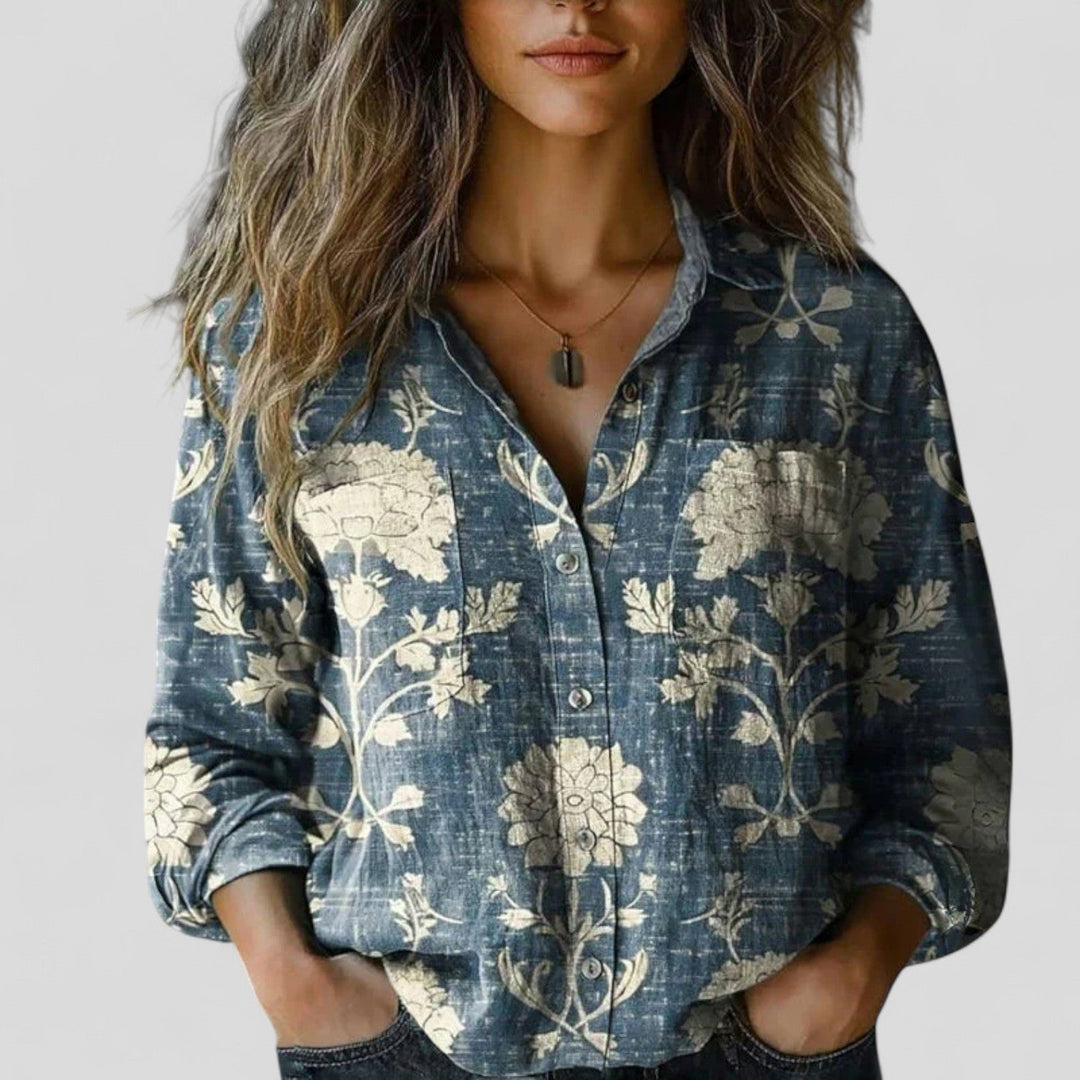 Damen Vintage Boho Bluse mit Knopfleiste und Print