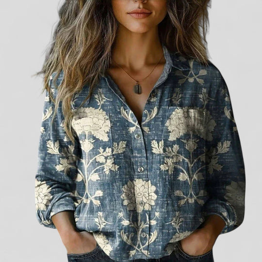 Damen Vintage Boho Bluse mit Knopfleiste und Print