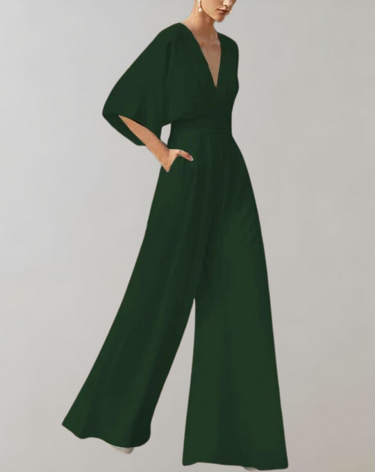 Women's Elegant V-Neck Wide Leg Cape Sleeve Jumpsuit