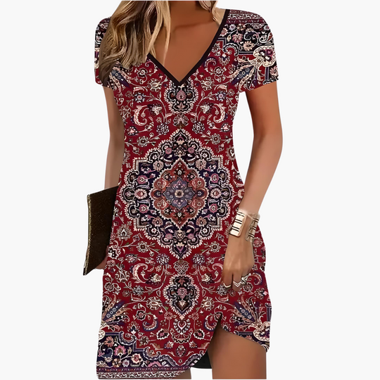 Women's Artistic Printed V-Neck Dress with Relaxed Fit