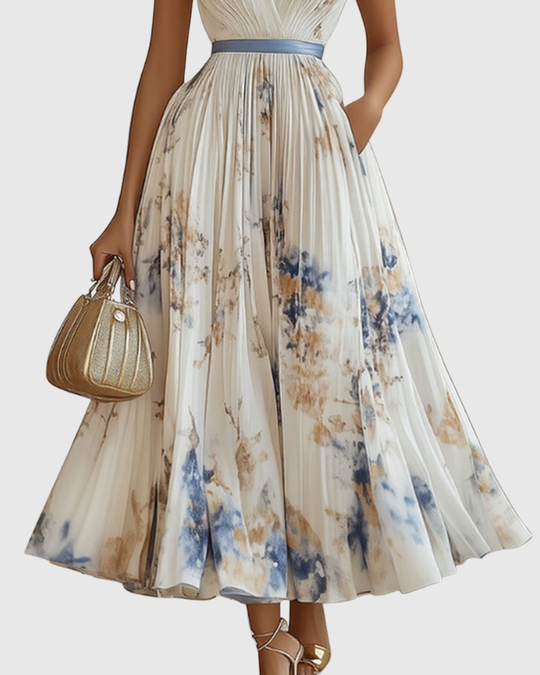 Women's Romantic Floral Pleated Maxi Dress with Deep V-Neck