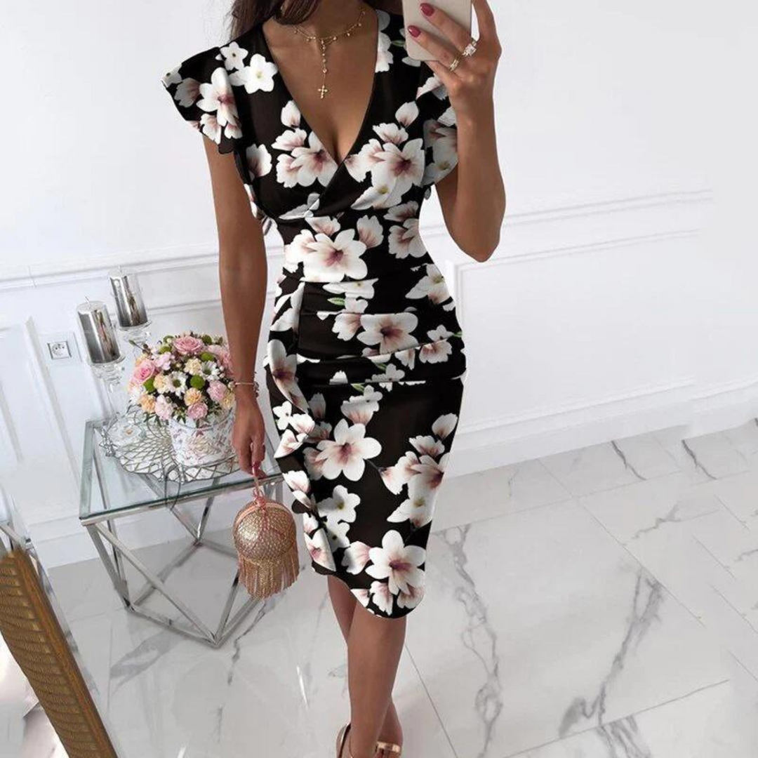 Women's Ruffle Trim Wrap Midi Occasion Dress