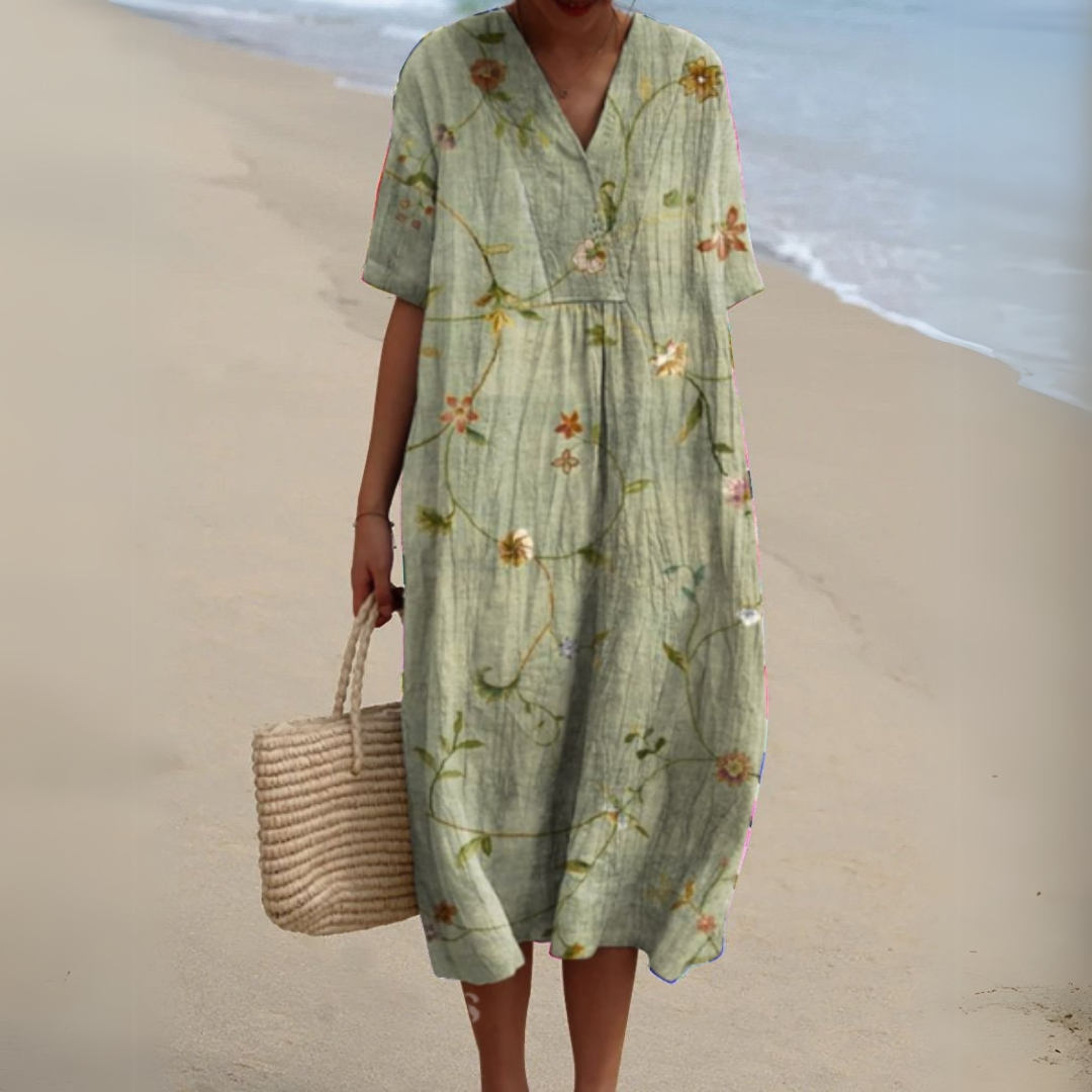 Women's Printed Cotton Linen Cocoon Midi Dress