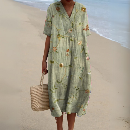 Women's Printed Cotton Linen Cocoon Midi Dress