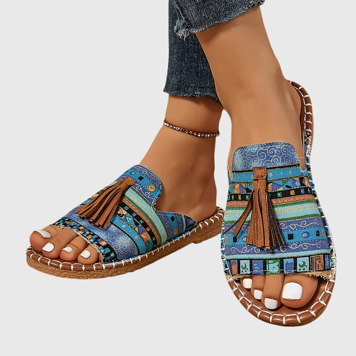Women's Bohemian Tassel Slide Sandals with Tribal Print