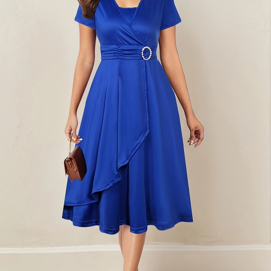 Women's Wrap Midi Dress with Decorative Waist Buckle
