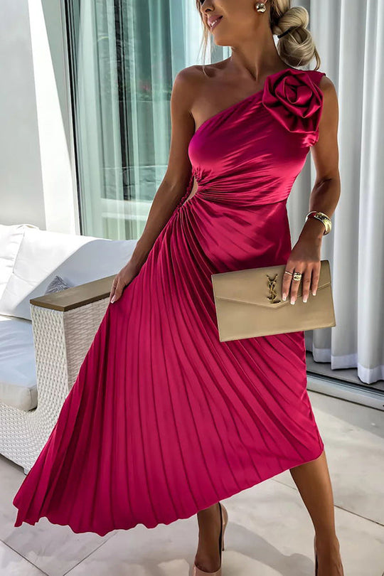 Women's Elegant One-Shoulder Pleated Midi Dress with Floral Detail