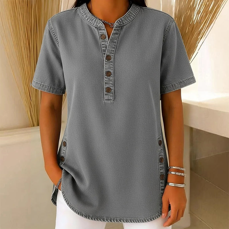 Women's Casual Denim-Look Button Detail Tunic Top