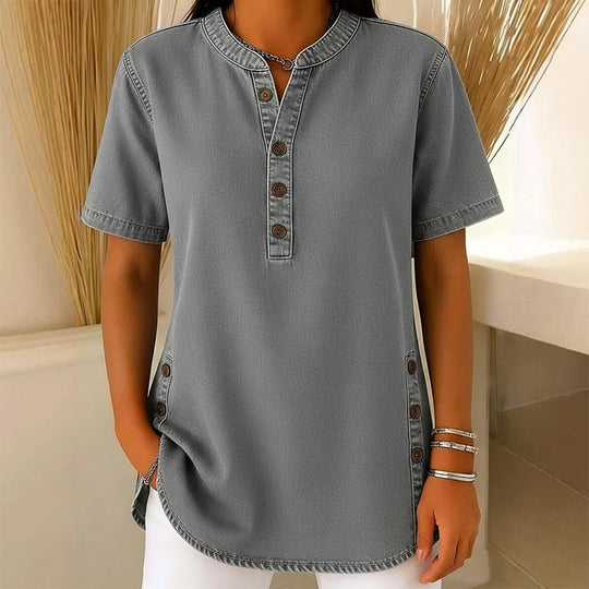 Women's Casual Denim-Look Button Detail Tunic Top