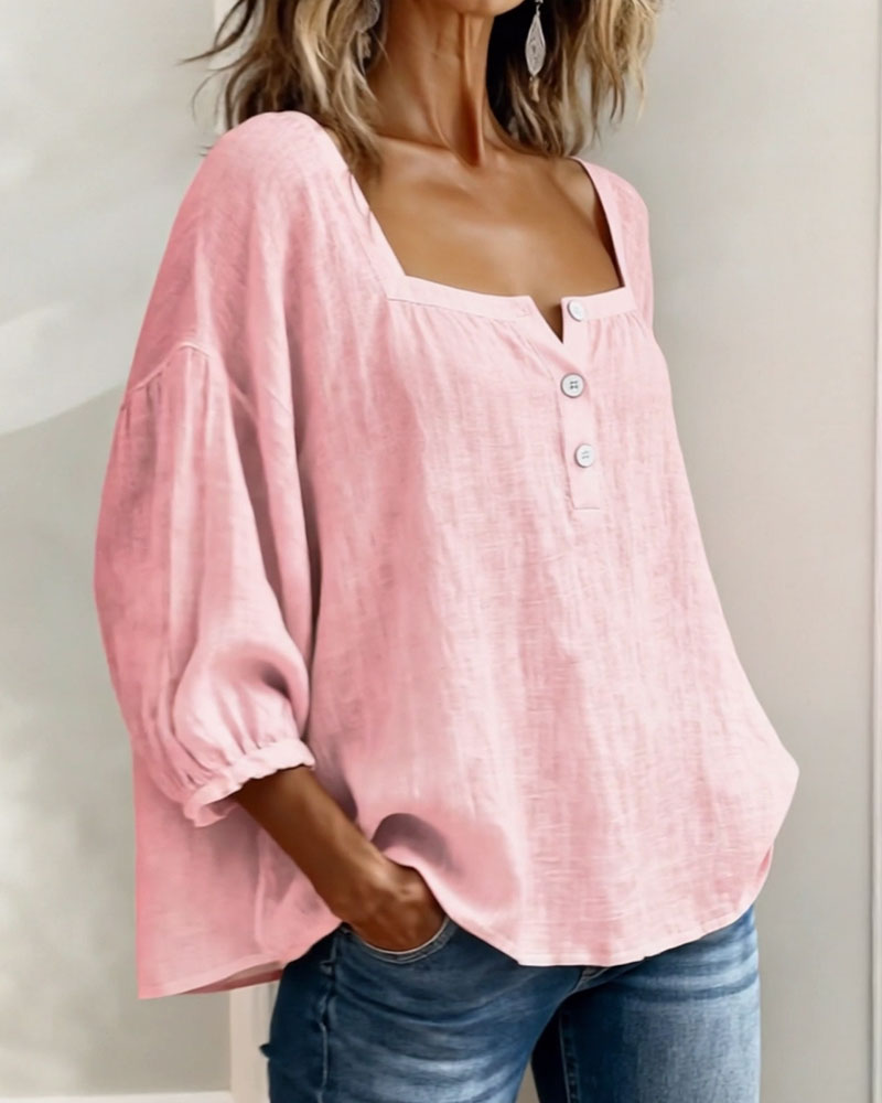 Women's Relaxed Square-Neck Button Detail Blouse