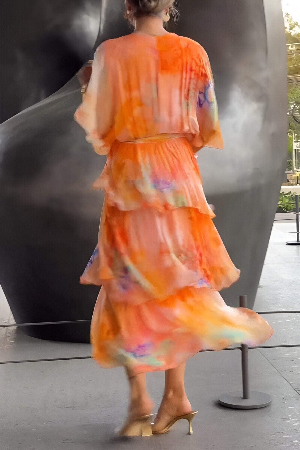 Women's Watercolor Printed Layered Chiffon Maxi Dress