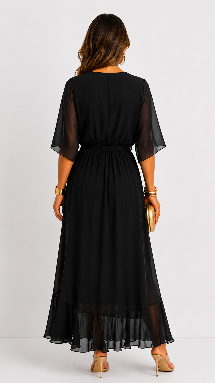 Women's V-Neck Tie Waist High Low Midi Dress