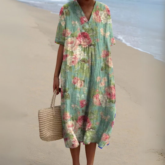 Women's Printed Cotton Linen Cocoon Midi Dress