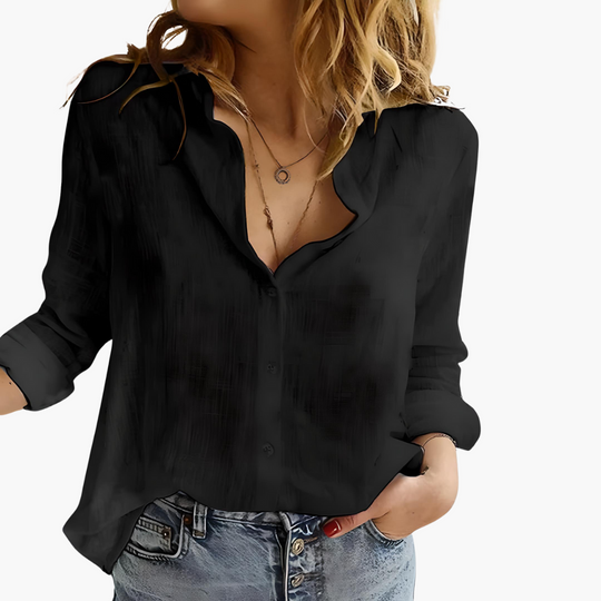 Women's Relaxed Button-Front Collared Blouse with Roll-Up Sleeves