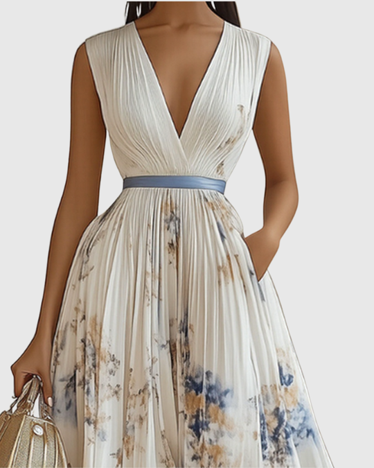 Women's Romantic Floral Pleated Maxi Dress with Deep V-Neck