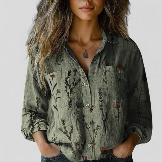 Damen Vintage Boho Bluse mit Knopfleiste und Print